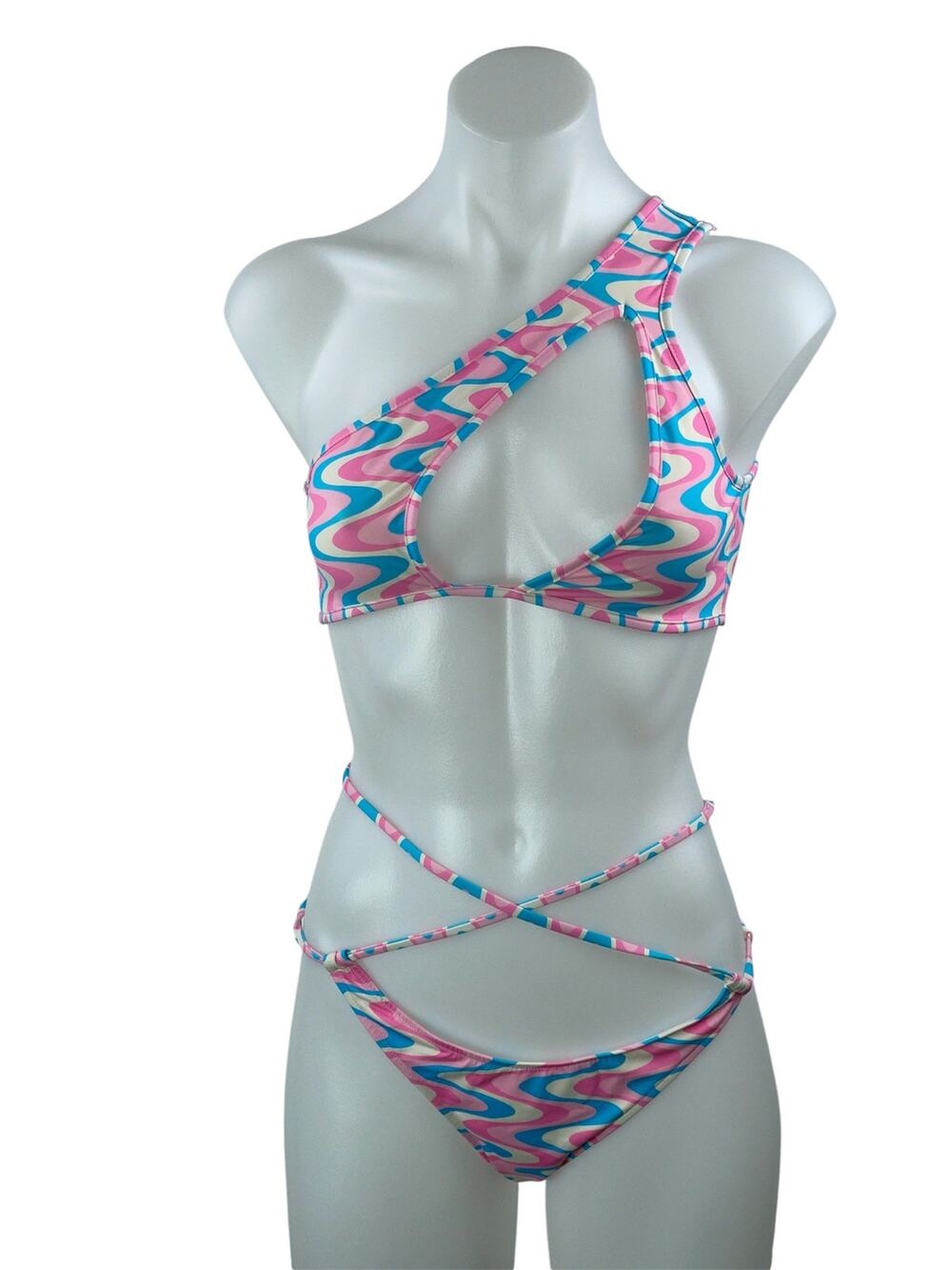 Frankies Bikinis Syd Swirl Geometric One Shoulder Two Piece Bikini Swimwear S